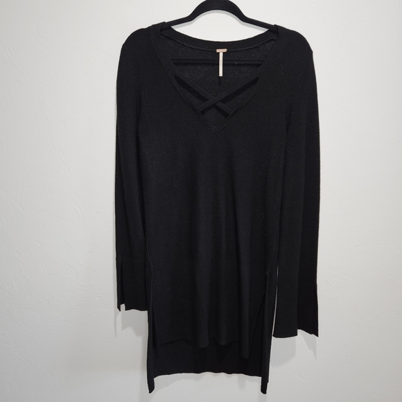 Free People Crisscross Black Tunic Top Long Flare Sleeve Womens Medium - Picture 4 of 15
